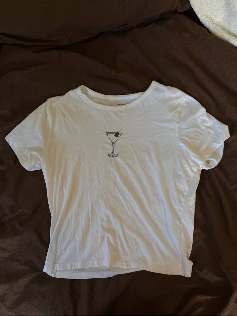 Abercrombie White Women’s Tee with Martini Beaded Olive Embroidery